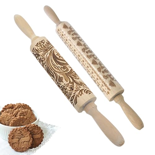 Mellifluous 2pcs Embossed Rolling Pin - Christmas Elk and Handmade Pattern, Laser Printing 3D Wooden DIY Kitchen Tool