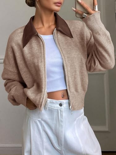Saodimallsu Womens Zip Up Barn Jacket Cropped Faux Leather Collared Open Front Long Sleeve Fall Cardigan Sweaters2