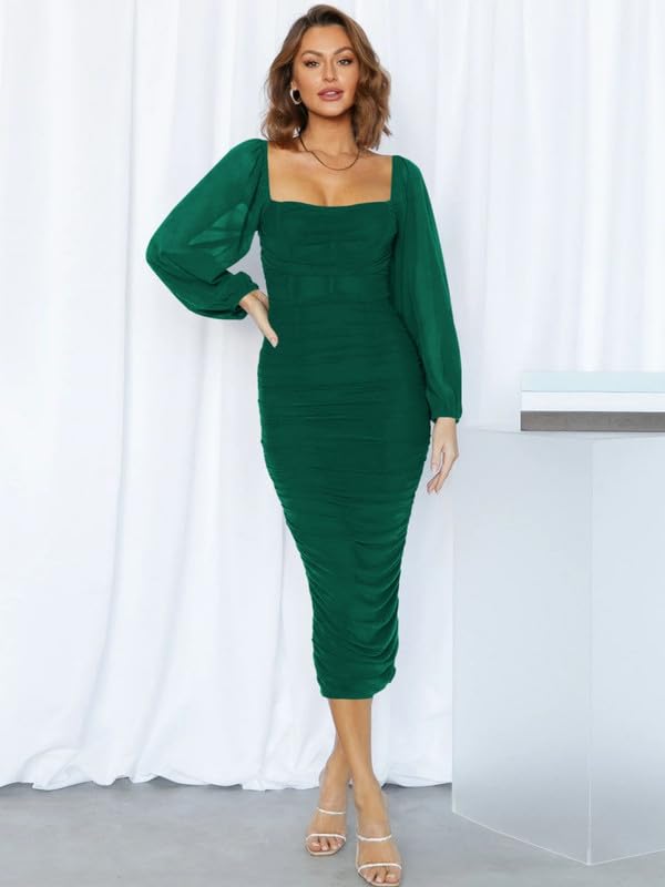Haibang Vestito Donna Elegante Maniche Lunghe Abiti da Cerimonia con Scollo Quadrato Aderente Abito da Sera Lungo Sexy Vestito Tubino per Cocktail Party Feste Ballo Festa Autunno e Inverno