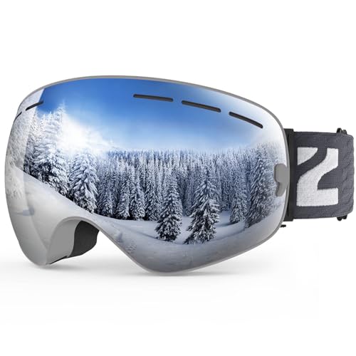 Image of ZIONOR X Ski Snowboard Snow Goggles OTG Design for Men Women Adult with Spherical Detachable Lens UV Protection Anti-fog (VLT 9% Grey Frame Silver Lens)