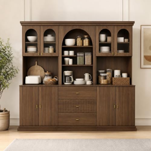 Image of ivaniti 71 inch Arched Kitchen Pantry Cabinet Set of 3, Dark Brown Freestanding Storage Hutch Combination with 2 Glass-Door Coffee Bar Cabinets and 1 Three-Drawer Open Shelf Cabinet for Kitchen