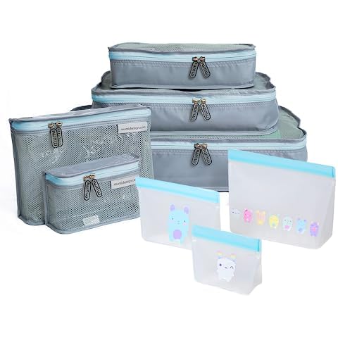MUMI Piccolo Packing Bundle, Baby Travel Essentials - Set of 5 Travel Organizer Bags and 4 Reusable Zip Up Bags - Blue Cover