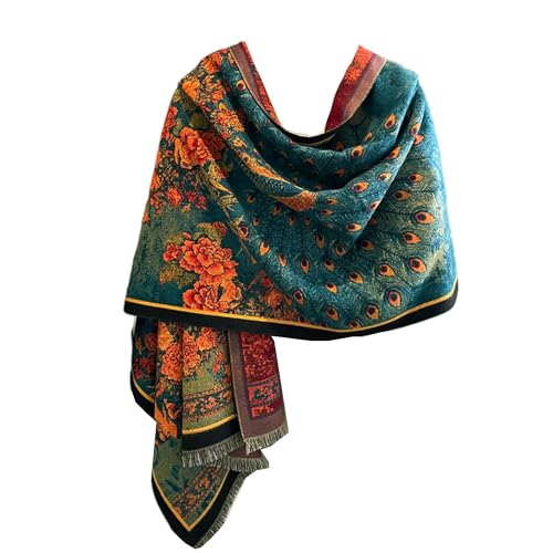 GFM Schal Kaschmirstruktur Pfauenfedermuster Grün Orange