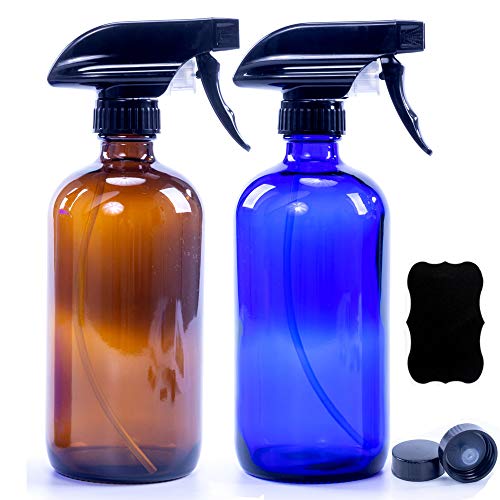 Cobalt Blue&Amber Glass Spray Bottles For Cleaning Solutions,Water Spray Bottle For Hair,16oz Refillable Container For Essential Oils, Aromatherapy, Mist & Stream Trigger Sprayer(2 Pack)