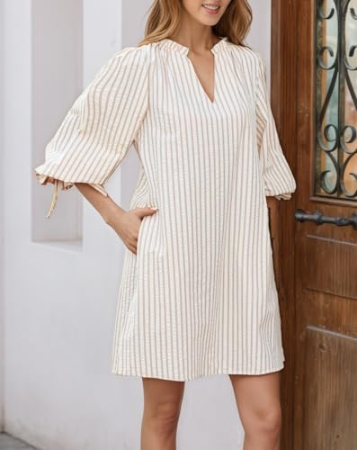 Image of EZAPINE Striped Dress for Women V Neck 3 /4 Bow Puff Sleeve Summer A Line Flowy Shirt Dress with Pockets