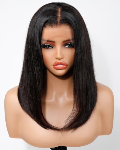 BEEOS Bob Wig Human Hair 13x4 Full Frontal HD Lace Wig 180% Density 14 Inch | Straight Bob Human Hair Wig for Black Women, Pre-Plucked, Bleached Knots, 0.10mm Ultra-thin Invisible Lace