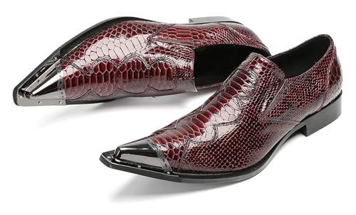 Santimon Men's Slip-On Penny Loafers Dress Casusl Shoes - Burgundy Red Crocodile Pattern Genuine Leather Metal Pointed Toe Mocasines with Gold Accent for Party Disco Bar4