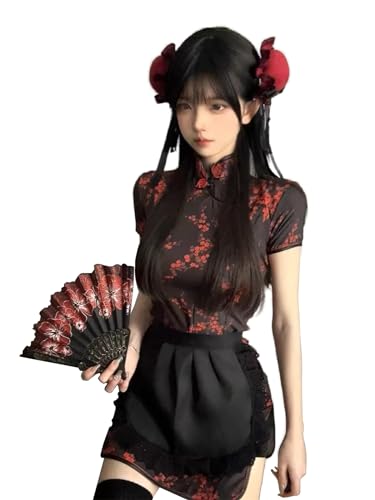 セクシー チャイナ チャイナドレス メイド ドレス チャイナ 服 コスプレ ゴスロリ 花柄 可愛い ロリータ ワンピース 萌え ボンデージ ボディコン ミニ コスチューム 中華風 チャイナ風 ランジェリー 衣装 仮装 ハロウィン レディース (レッド) - 画像1
