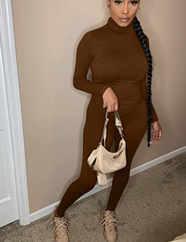 Mokoru Women's Tracksuit 2 Piece Outfits Turtleneck Long Sleeve Shirt Workout Jogger Legging Pants Set, X-Large, Coffee #TOP4