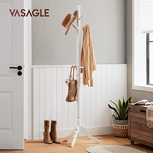 VASAGLE Solid Wood Coat Rack and Stand, Free Standing Hall Coat Tree with 10 Hooks for Hats, Bags, Purses, for Entryway, Hallway, Rubberwood, Cloud White URCR03WT by VASAGLE - Image 2