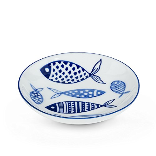 Abbott Collection 27-Bluefish-032 Round Shallow Dish, 4" Diameter, White And Blue #TOP1