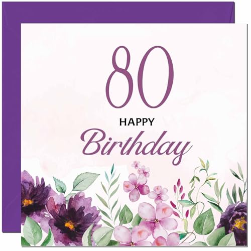 80th Birthday Card for Men women - Purple Floral Birthday Card for 80 Year old Woman Ladies Grandma Nan Mum Aunt Nan Friend Sister Eighty Eightieth Nanny