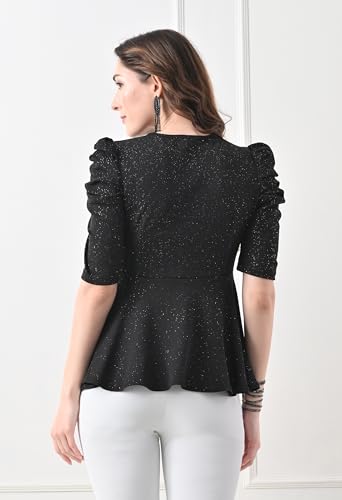Image of Women's Glitter Peplum Top with Keyhole Neck | Puff Sleeve Top