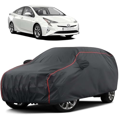 Image of Sulfar 100% Water Resistant Car Body Cover Compatible with Mirror for Toyota Prius (Triple Stitched, Full Bottom Elastic, Dark Grey Taffeta with Red Piping)