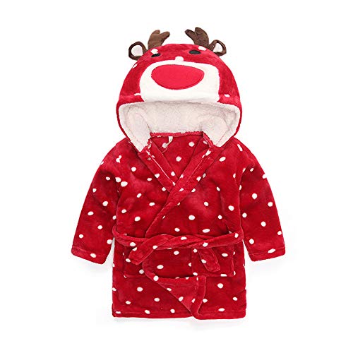 Singeru Peignoir de Bain en Flanelle à Capuche pour Enfant de 1 à 6 Ans Motif Renne Rouge à Pois - Rouge - M Cover