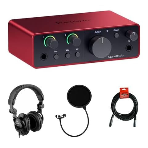 Focusrite Scarlett Solo USB-C Audio Interface (4th Gen) Bundle with Polsen HPC-A30 Studio Monitor Headphones, Pop Filter and XLR- XLR Cable Cover