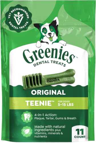 Image of Greenies Veterinarian-Recommended Adult Natural Dental Dog Treats Teenie Size, Dog Dental Chews, Original Flavor, 3 oz. 11 Count (Pack of 6)