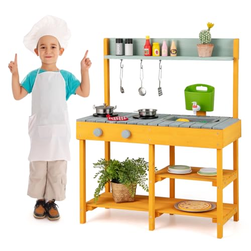 COSTWAY Cuisine en Bois Pour Enfants avec Réservoir à Eau 700 ML & Robinet, Bouton Rotatif, Évier, Étagère Ouverte - Pour 3-8 Ans