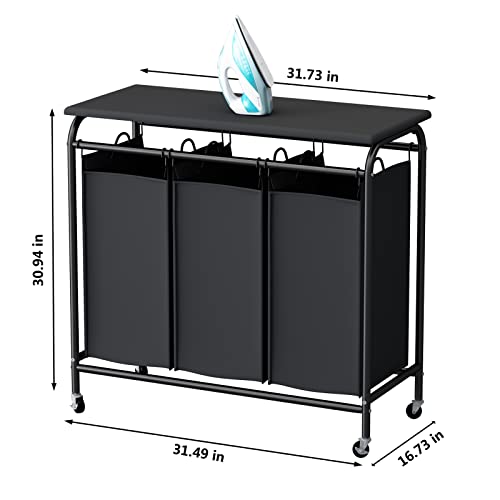 Linzinar 3-Bag Laundry Sorter Heavy Duty Rolling Lockable Wheels Laundry Hamper Cart With Ironing Board And Removable Bags, Black #TOP4