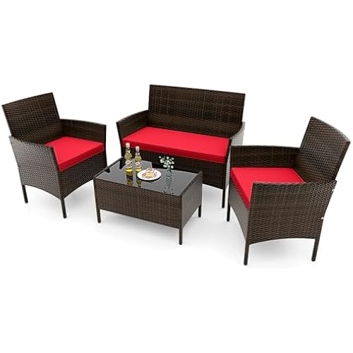 RELAX4LIFE 4-Piece Patio Furniture Set - Rattan Outdoor Conversation Bistro Set w/Cushions, Glass Coffee Table, Wicker Chairs & Loveseat for Garden Backyard Porch, Balcony Furniture Set (1, Red)