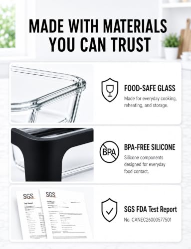 Image of Glass Air Fryer Liner for Ninja Dual Basket Air Fryers DZ401 DZ550 SL401, Reusable Borosilicate Glass Bowl with Silicone Base Handles, Dishwasher Safe Reusable Accessory Set with Tray & Lid