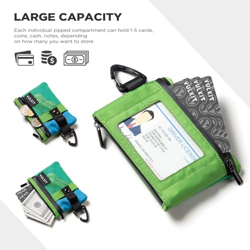 Image of VULKIT Small Minimalist Wallet for Women and Men RFID Blocking, Zipper Coin Pouch with ID Window and Keychain, Water Resistant Travel Lanyard Wallet Green Blue