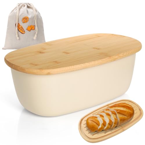 Cozary Panera con Tapa de Bambú, 6L Grande Paneras para Guardar el Pan con Bolsa incluida Hecha de Lino, 37x22.5x14cm, Fondo Antideslizante, Caja Pan Cocina para una Larga Frescura (Blanco)
