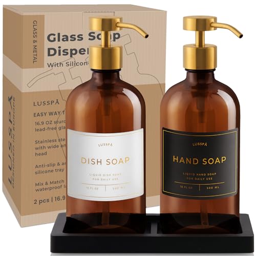 Glass Soap Dispenser Set of 2 (Amber) with Silicone Tray | Hand and Dish Soap Dispenser for Kitchen and Bathroom | 16.8 Oz Glass Bottles with Stainless Steel Pump & 15 Waterproof Labels (Amber/Gold) - image 7