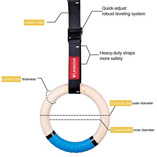 LANGSHI Wooden Gymnastic Rings with Buckles Straps Exercise Gym Rings Athletic Rings for Muscle Building, Ab Workout… - Image 5