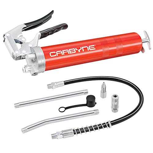 Carbyne Grease Gun - Pistol Grip, 7500 Psi, Heavy Duty Professional Quality, Steel Barrel. 18 Inch Hd Flex Hose W/Spring, 6 Inch Straight & 6 Inch Angled Tube, Coupler & Needle Nozzle, 3-Way Loading #TOP7