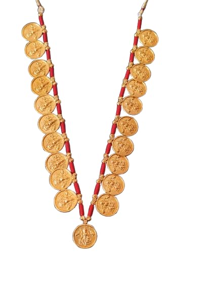 Traditional Kolhapuri Gold-Plated Coin Necklace, Putali Haar for Women, Red Thread Design-image-15