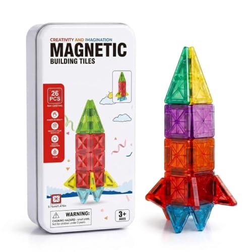 Image of Happy Hues 26 Pcs Mini Magnetic Tiles Travel Set- STEM Magnetic Building Blocks with Tin Storage Case, Safe BPA-Free Educational Toy for Toddlers & Kids Ages 3+