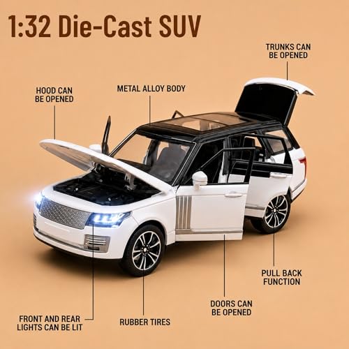 Image of GRAPHENE 1:32 Scale Pullback Diecast Metal Toy Car SUV Model with Openable Doors Light Sound Friction Power Realistic Miniature Vehicle Toy for 2+ Years Kids Boys Girls Mini Car (White)