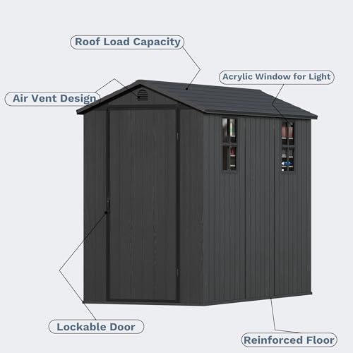 Image of Devoko 4x8 FT Resin Storage Shed with Floor, Garden Plastic Outdoor Shed with Window and Lockable Door, Waterproof Outside Tool shed for Backyard Patio, Dark Grey