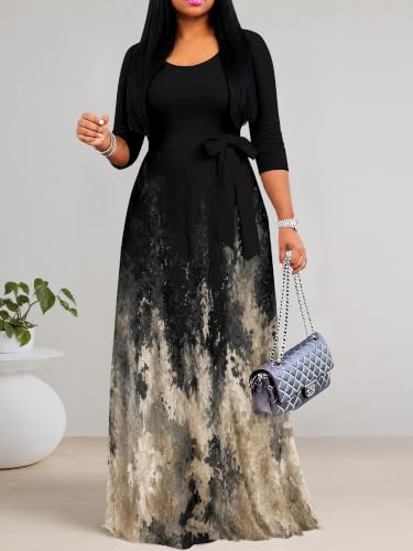Image of Women's V Neck Floral Maxi Dress 3 /4 Sleeve Plus Size Boho Wrap Flowy Long Dresses with Belt