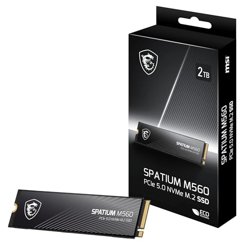 MSI SPATIUM M560 SSD 2TB - Disque SSD Interne 2 to PCIe 5.0 NVMe M.2, Lecture 10300 MB/s, Écriture 8700 MB/s, 3D NAND, Sécurité des Données Intégrée, Center - Garantie 5 Ans (1200 TBW)