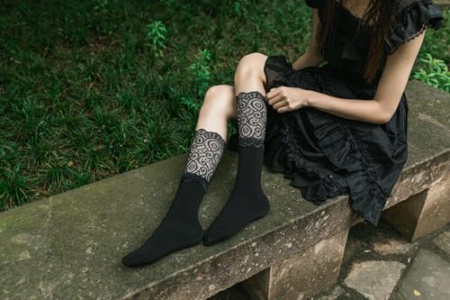 Womens Lace Cotton Socks Transparent Mesh Ruffle Dress Calf Socks (Black, 1 Pairs Thicken)2
