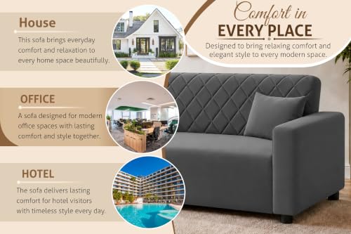 Image of Rosebell 3 Seater Wooden Sofa for Living Room, Modern Fabric Upholstered Sofa with Quilted Backrest, Cushioned Seating, Padded Armrests & Sturdy Wooden Frame - Grey