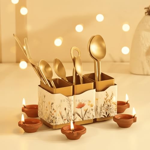 Image of Brick Brown Premium Metal Triflora Cutlery Holder - Spoon Stand for Kitchen | Spoon Holder for Dining Table | Wooden Caddy Storage Organizer | Stand Caddy Holder for Kitchen Utensils (6.3x8x9.5in)