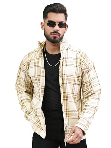 Image of Maniac Mens Checkered Full Zipper Fullsleeve Polyester Blend Fleece Shacket for Men