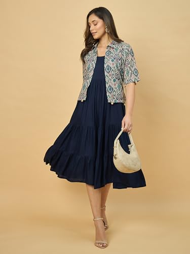 Image of Azira Women Rayon Solid Fit & Flared Dress with Printed Jacket | Perfect for Casual outings, Parties Rayon Fabric|