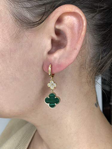 Lavari Jewelers Flower Dangle Drop Earrings for Women - Black Onyx Green Malachite or Mother of Pearl & Cubic Zirconia in 925 Sterling Silver Clover - Hypoallergenic Gold Plated - Secure Hinge Post4