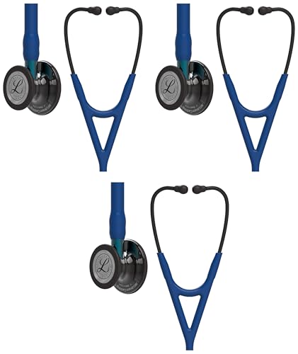 Image of 3M Littmann Cardiology IV Diagnostic Stethoscope, 6202, More Than 2X as Loud, Weighs Less, Stainless Steel High Polish Smoke-Finish Chestpiece, 27 inch Navy Tube, Blue Stem, Black Headset (Pack of 3)