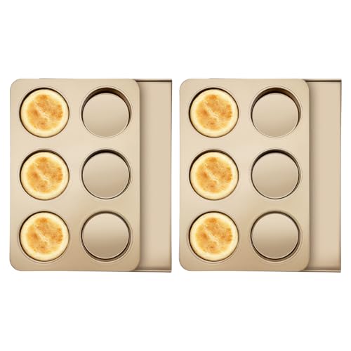 Xosjska 6 Cup Straight Side Jumbo English Muffin Cupcake Pan with Lid 2 Set Nonstick Hamburger Bun Pan Nonstick Baking Tin Tray Mold for Baking Burger Buns Roll Focaccia Quiche Pancake Gold