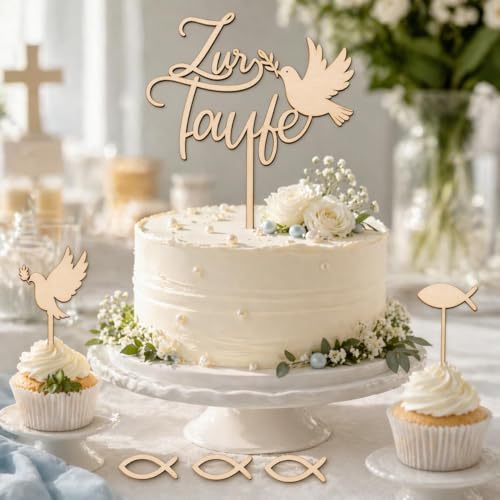39 Stücke Set Holz Kuchendekoration Für Die Taufe Erstkommunion Zubehör Mit Taube Und Fisch Motiven Elegante Tortendeko Kommunion Sowie Kreative Kommunion Deko Für Das Familienfest