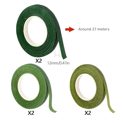 HAKACC 6 Rollen Floristenband Grün, 12mm x 27m Floristenkrepp für Blumensträuße und Basteln, Selbsthaftendes Blumenband für DIY Projekte Floristik und Hochzeit, Vielseitiges Klebeband für Hobbybastler