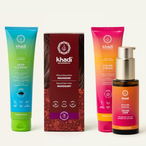khadi Pflanzenhaarfarben ColorCycle Bundle – MAHAGONI Pflanzenhaarfarbe + Deep Cleanse Shampoo + Color Finish Conditioner + Color Care Haaröl