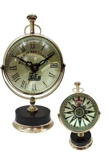 NAVIROCK Reloj de escritorio y estante antiguo de latón brillante, brújula, reloj analógico marino, regalos náuticos, decoración de escritorio antiguo (latón de 9 pulgadas)