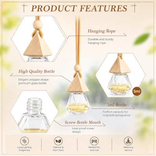 Image of Nibbler Empty Hanging Diffuser Bottle with Wooden Cap & Rope | Refillable Air Freshener Glass Bottle for Essential Oils, Fragrance & Car Freshener, Car, Home, Office & Wardrobe (10, Pyramid)
