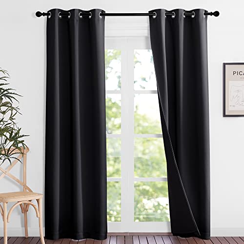 Image of NICETOWN High-End Thermal Kitchen Curtains, Full Blackout Curtains 84 Inches Long for Dining Room, Soundproof Window Treatment Drapes for Hall Room, Black, 37 inch Wide Per Panel, Set of 2 Panels